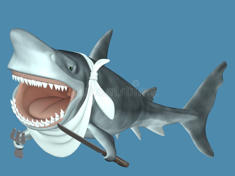 Shark - Ready to Eat. Shark with its mouth open wide, wearing a neckerchief, holding a knife and fork, swimming in the ocean.
