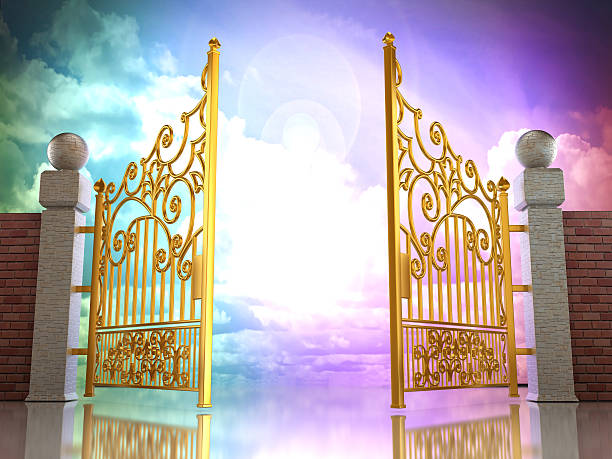 golden-gates-opening-to-heavenly-sky-background-picture-id521038458